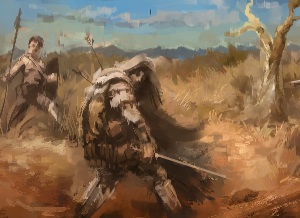 concept art of a character with a sword in a field